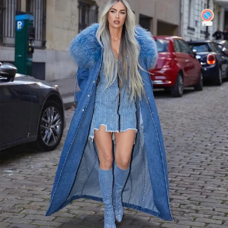 X-Long Denim Trench Coat Real Fur Big Collar